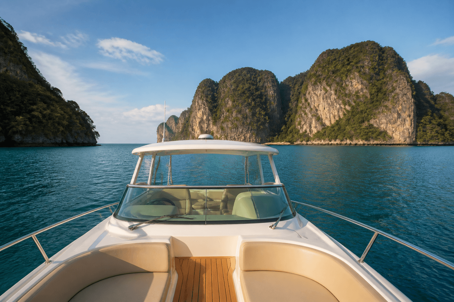 Bow of the speedboat heading toward limestone islands
