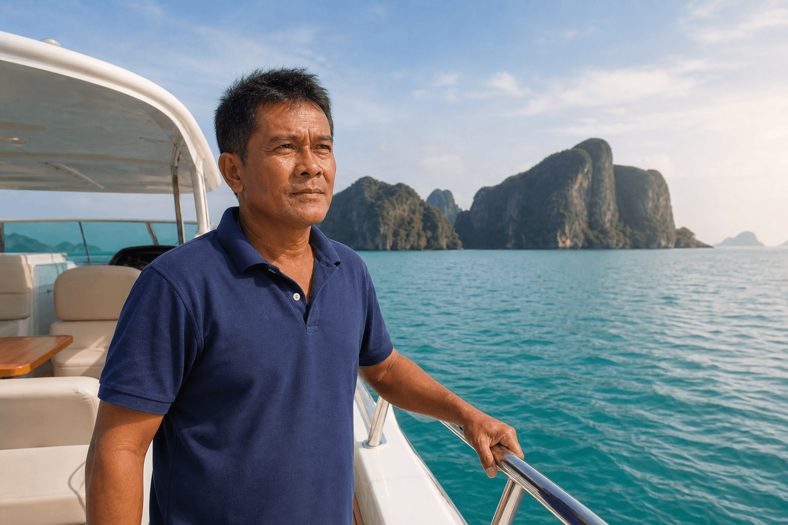 Captain Nok on deck looking toward the islands