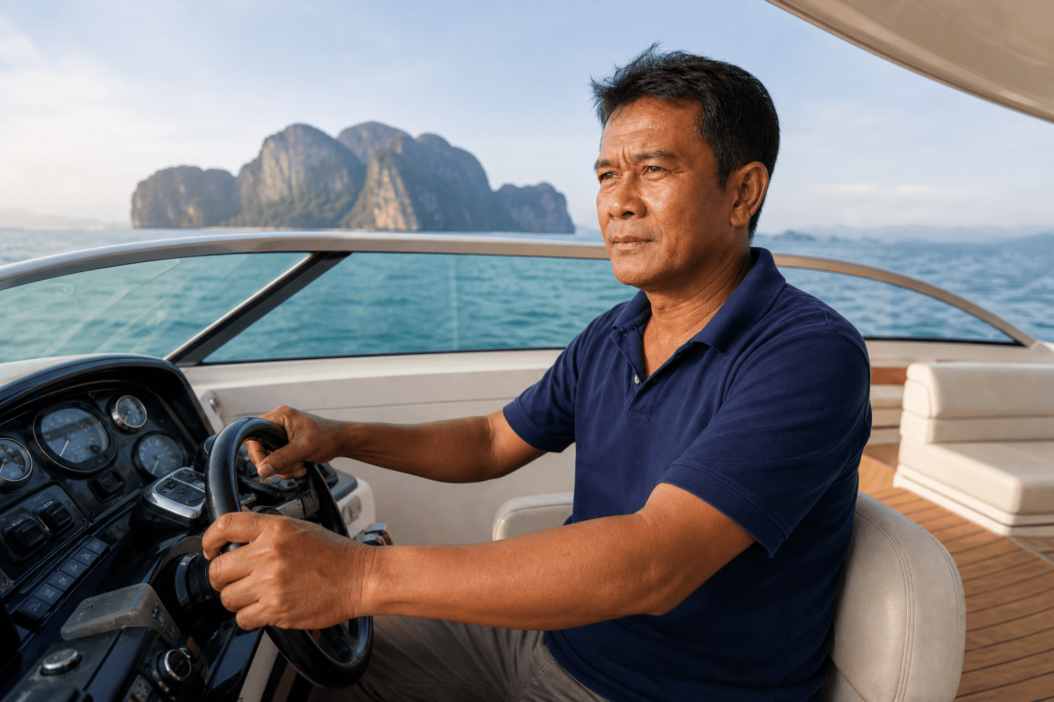 Captain Nok at the helm
